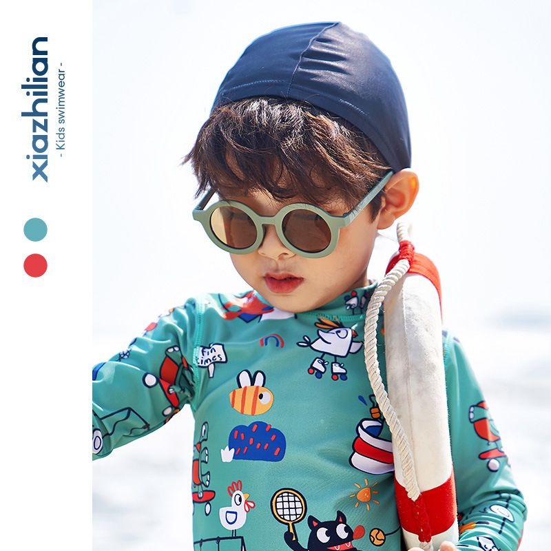 男寶防曬長袖泳裝套裝(附帽子)-動物世界-綠色