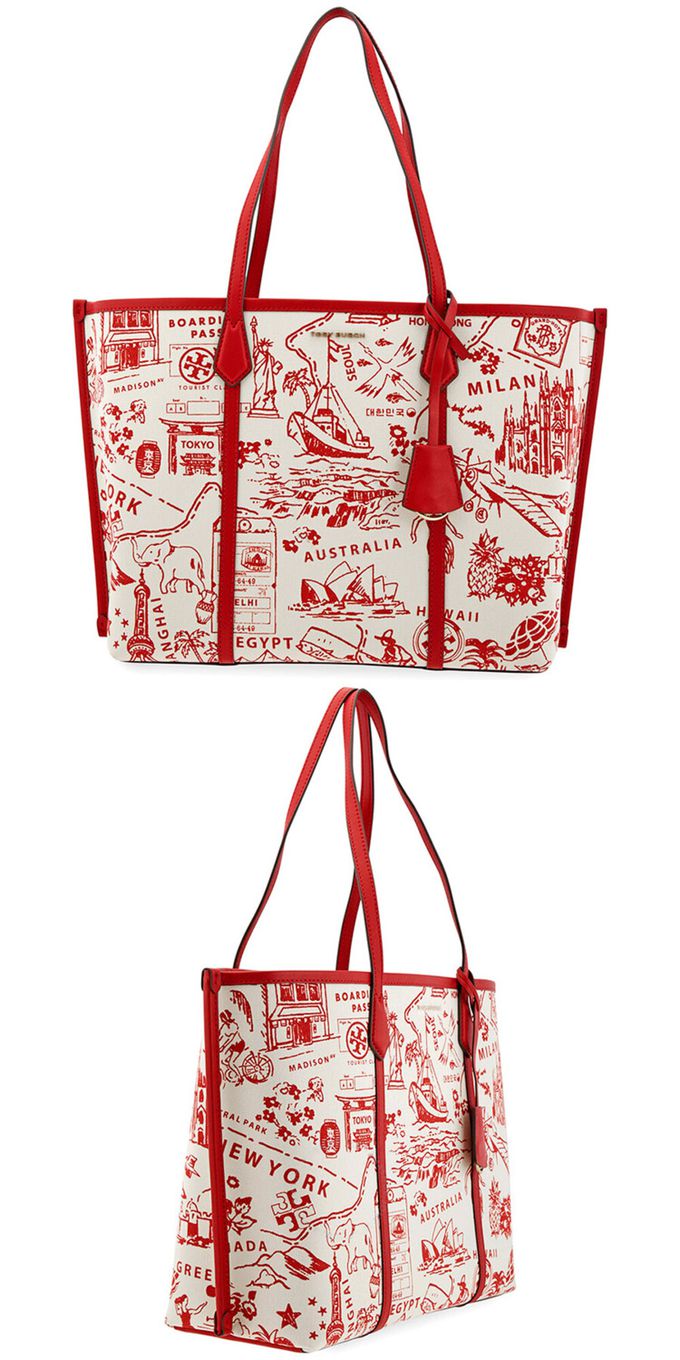 TORY BURCH - 地圖印花帆布托特包 (紅白)