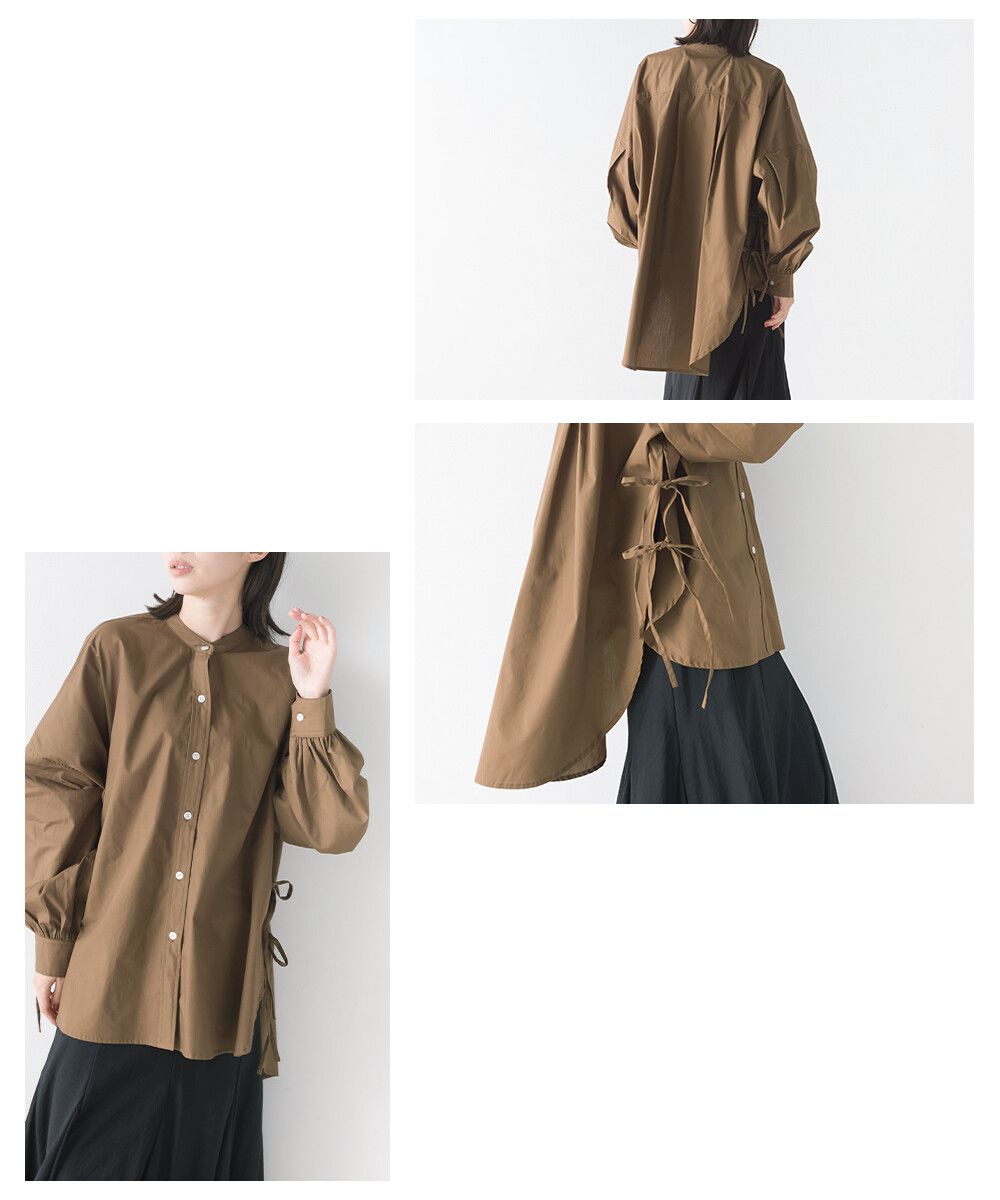 日本 OMNES - 優雅側綁帶立領氣球袖襯衫-時尚黑