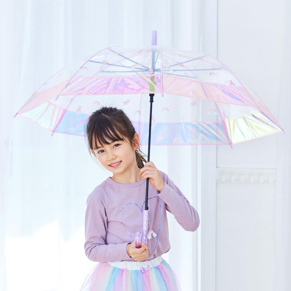 日本中谷 - 透明窗設計兒童雨傘/直傘-彩虹熊熊-粉紫 (55cm(身高130cm以上))