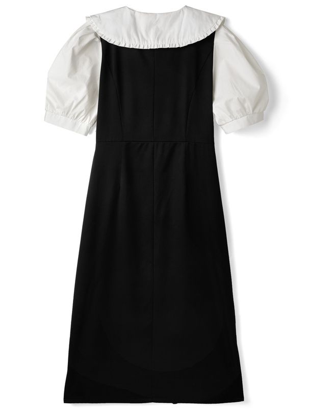 日本 GRL - 復古蕾絲領泡泡袖排扣洋裝-典雅黑