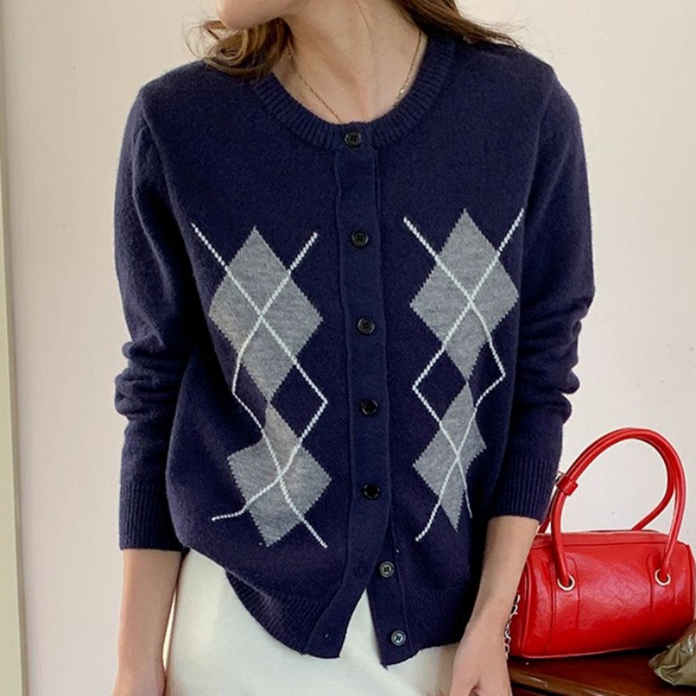 知性學院菱格單排扣針織外套-藏青 (F)