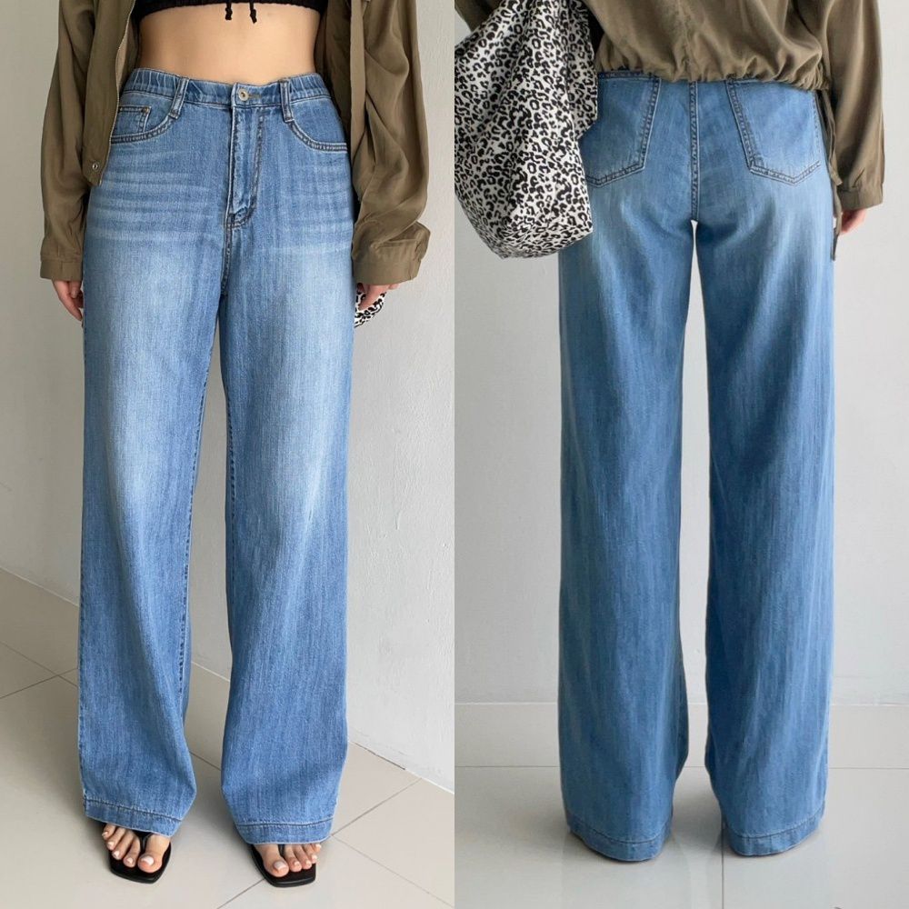 Howluk 鬆緊腰柔軟丹寧丹寧落地褲-中青