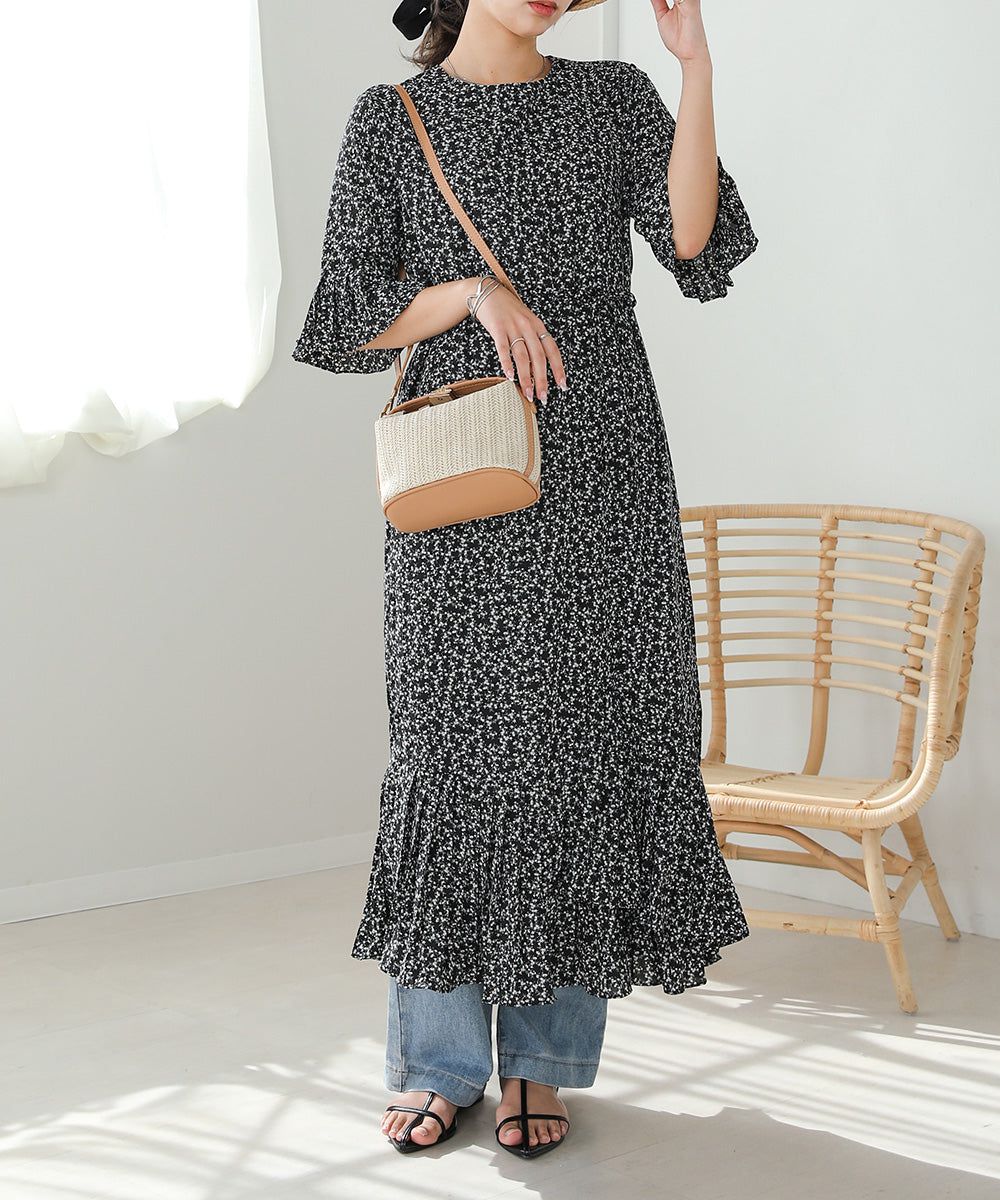 日本 Bab - 圓領碎花糖果袖洋裝-奶油白