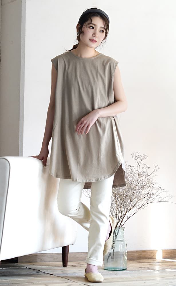 日本 zootie - 100%棉  修身長版無袖上衣-淺灰棕