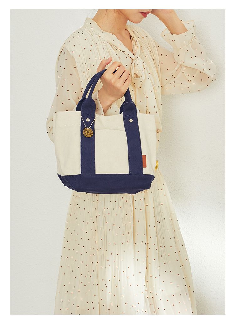 加厚大容量帆布手提包/便當袋-夾層可拆-白+深藍 (20.5x15x21.5cm)