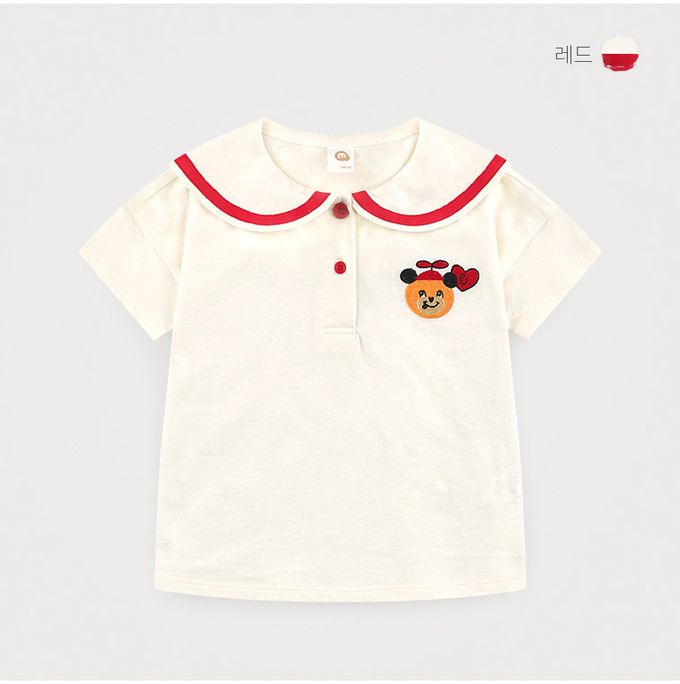 韓國 milk mile - 俏皮小熊印翻領百褶裙套裝-米白X紅