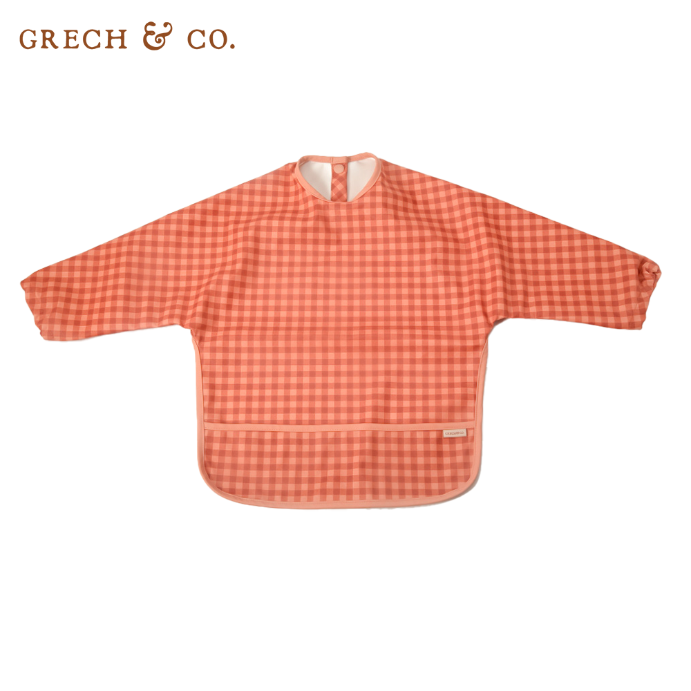 丹麥 GRECH & CO. - 防水長袖圍兜-格紋粉 (適用於6個月以上)