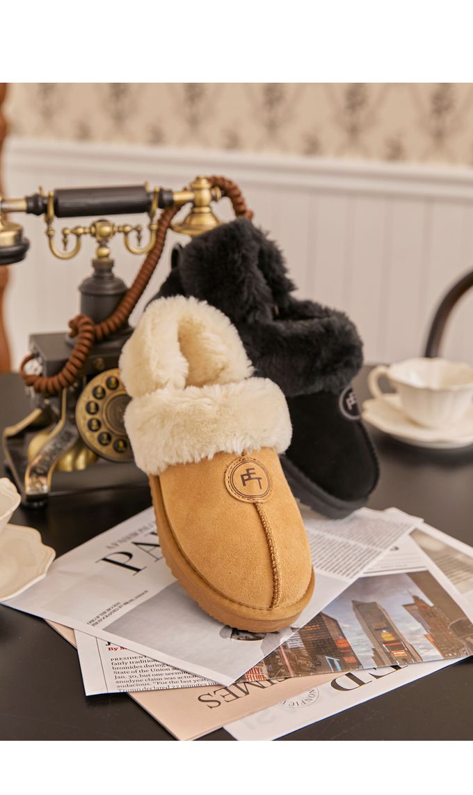 韓國 PINKELEPHANT - (毛絨扣可拆)保暖毛絨包覆拖鞋-黑
