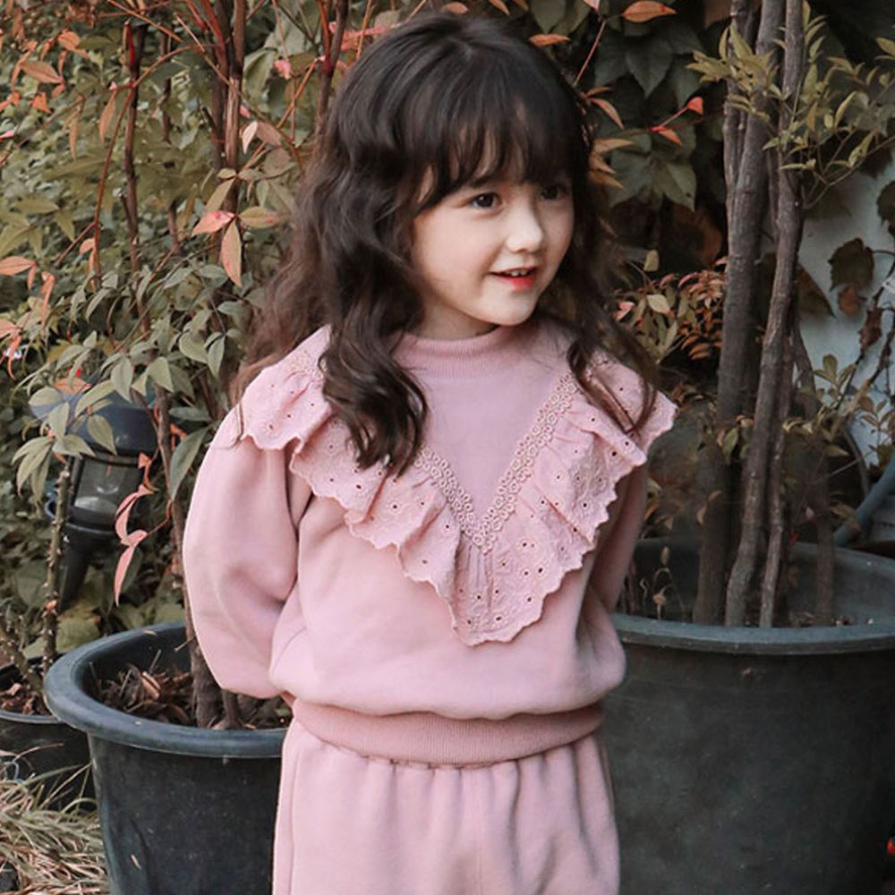 韓國 Puellaflo - (裏毛)V字蕾絲荷葉領泡泡袖上衣-粉紅