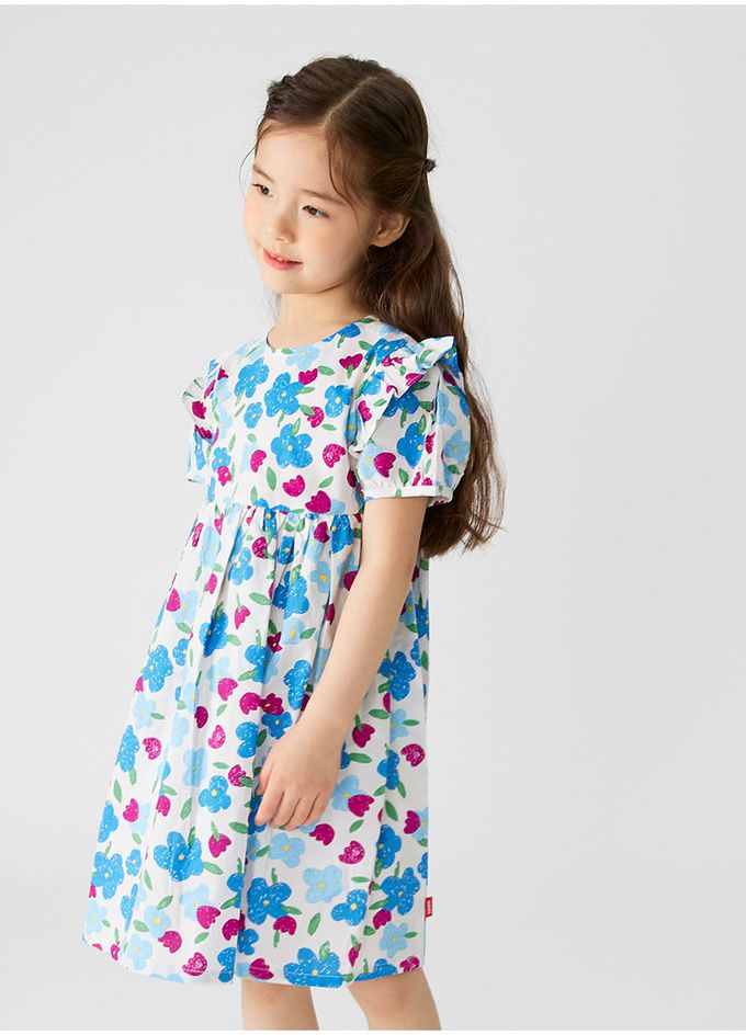 韓國 OZKIZ - 塗鴉花荷葉拼袖連身洋裝-灰藍