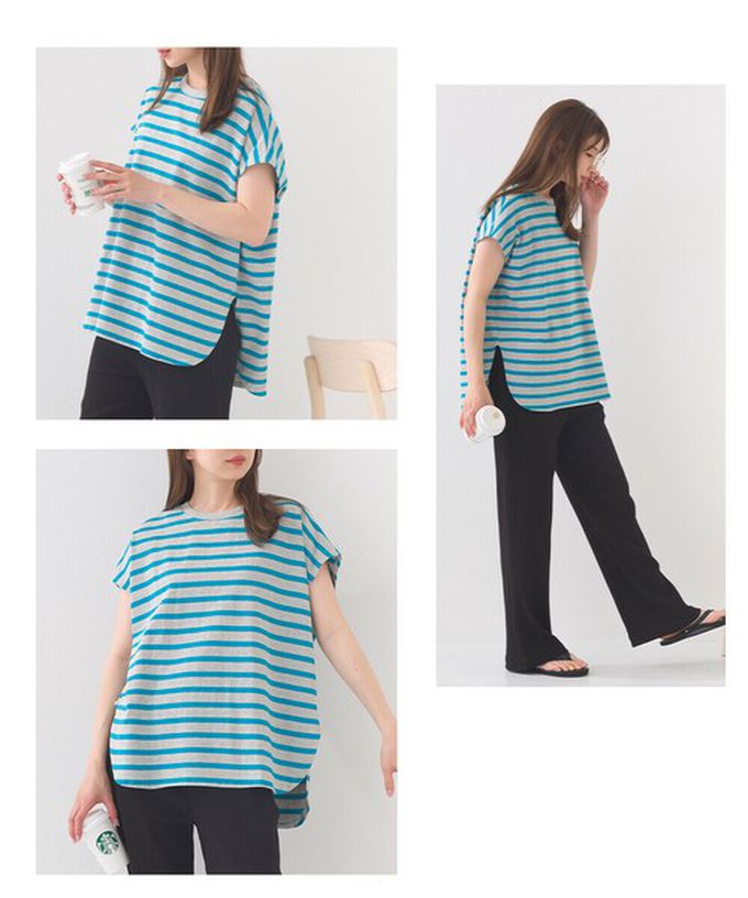 日本 OMNES - 接觸冷感 純棉不易皺法式袖上衣-細條紋-藍x白