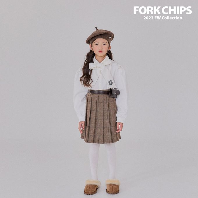 韓國 FORK CHIPS - 鬆緊腰混羊毛經典百褶及膝裙-咖啡棕
