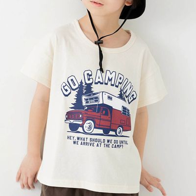 日本 Chil2 - 100%棉 定番印花短袖上衣-露營車-奶油白