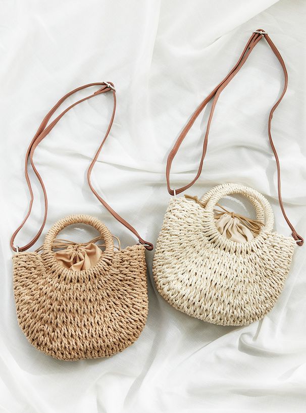 日本 GRL - 2WAY半月形草編手提包-米杏 (F)