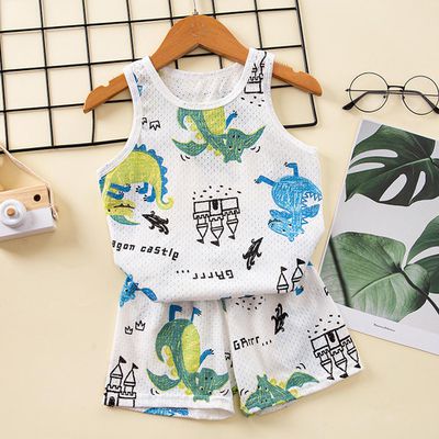 卡通網眼洞洞無袖家居服套裝/空調服-飛天恐龍-白色