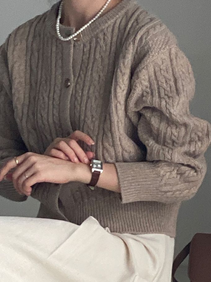 韓國女裝連線 - 麻花捲鈕扣無領針織外套-摩卡咖 (FREE)