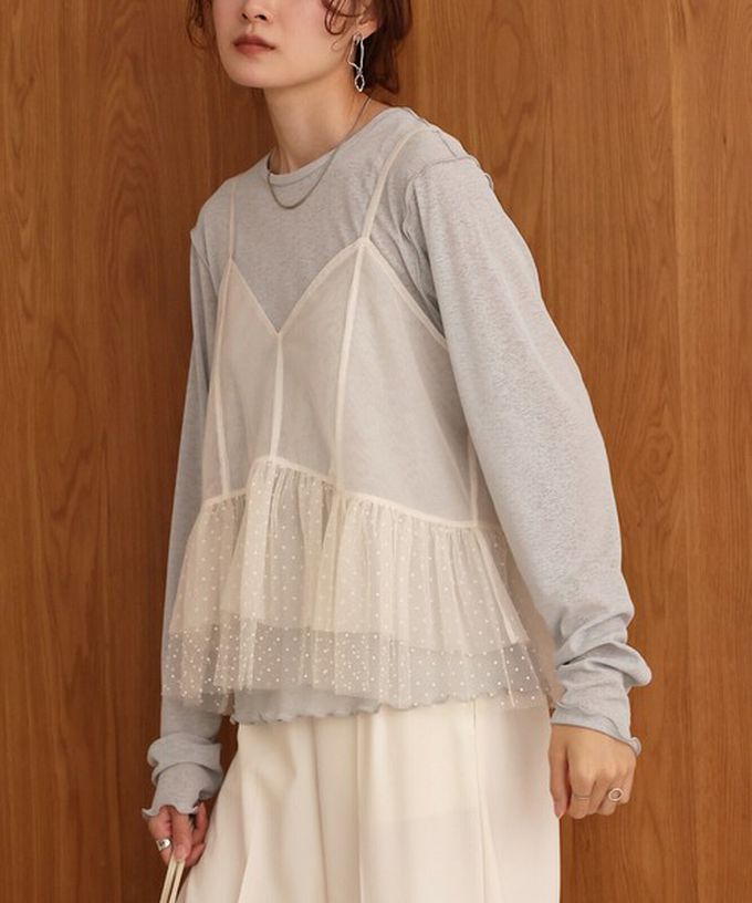 日本 Bab - 浪漫層次吊帶+裏毛上衣(2件組)-圓點薄紗-深灰