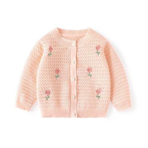 純棉圓領針織排釦外套-刺繡小花-粉色