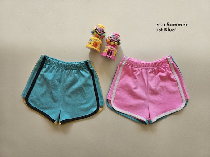 韓國 First Blue - 鬆緊腰線條運動風短褲-藍綠