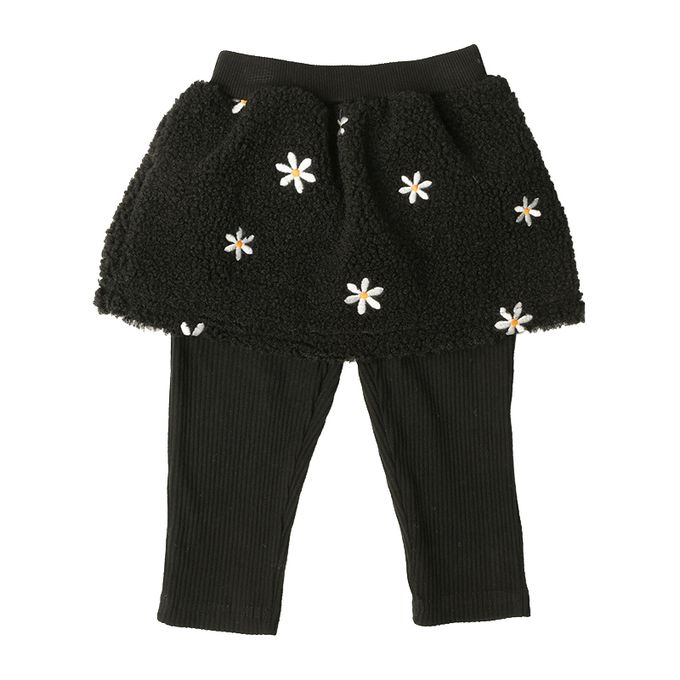 akachan honpo - 10分裙褲-刷毛 刺繡-黑色