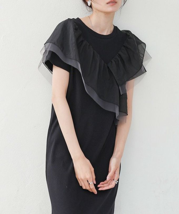 日本 Bab - 不對稱交叉薄紗拼接短袖洋裝-淺灰