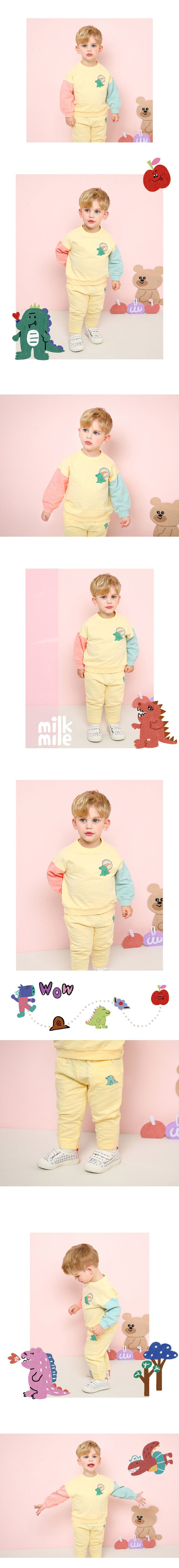 韓國 milk mile - 恐龍印花圓領長袖套裝-香草黃