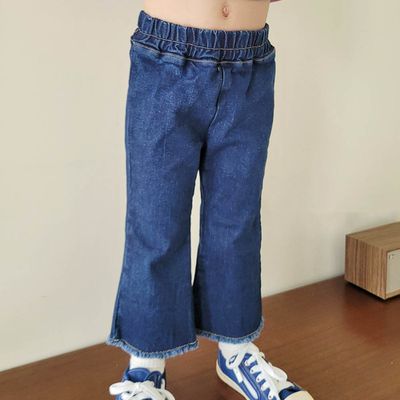 韓國 Peanuts House - 鬆緊腰抽鬚喇叭丹寧長褲-深藍