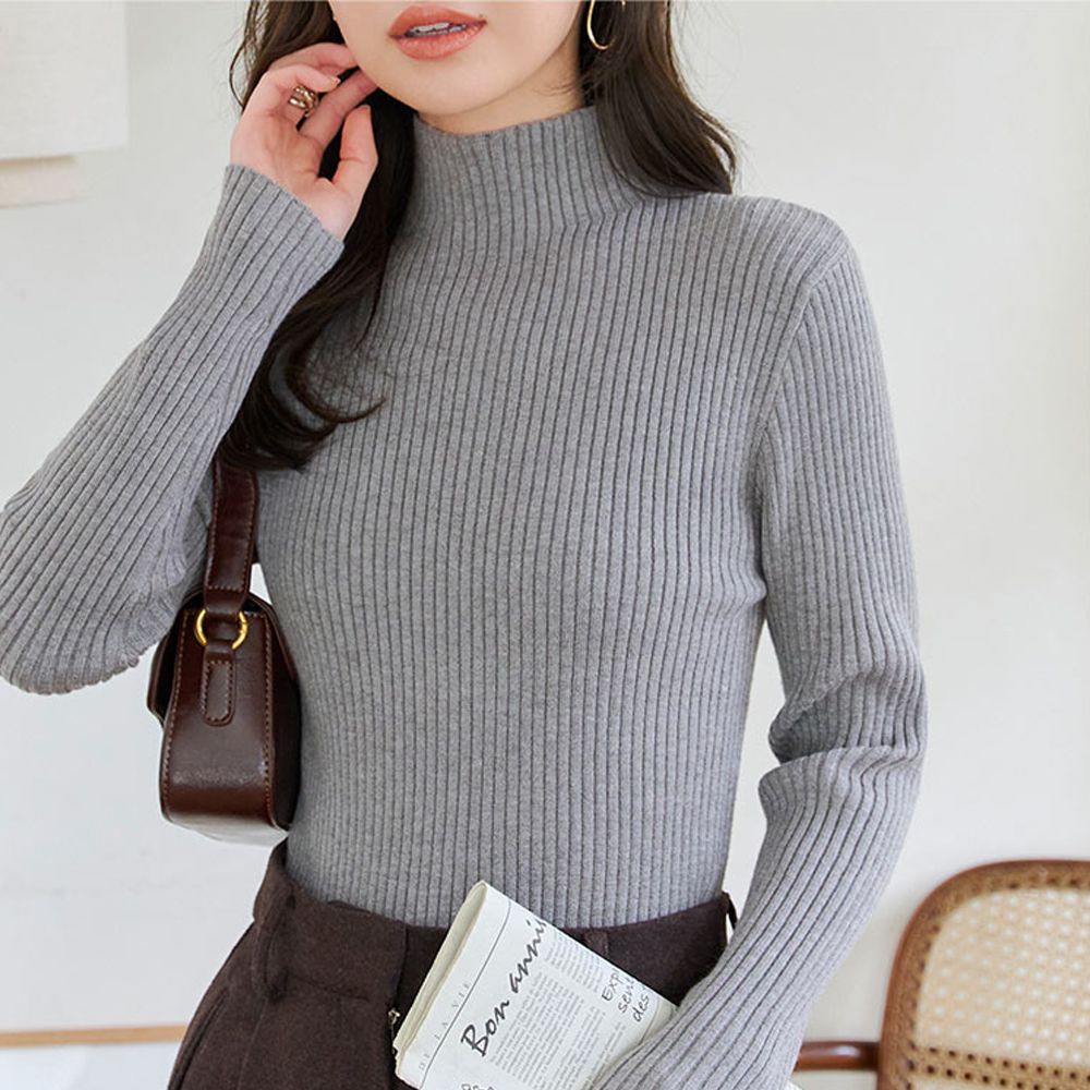 [定番]優美羅紋合身針織上衣(可選領)-深灰