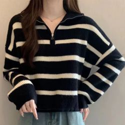 日本 GRL - 率性條紋半拉鏈針織長袖上衣-黑 (F)