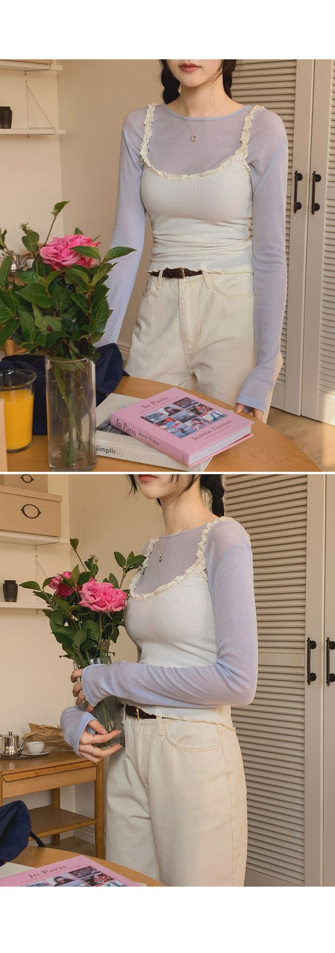 韓國女裝代購 - 換季必備！極簡薄透長袖上衣-灰藍 (FREE)