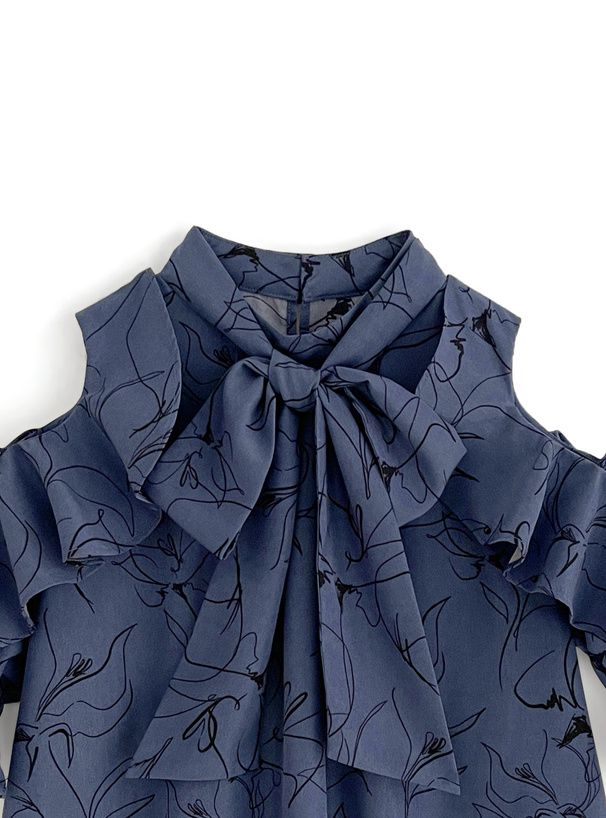 日本 GRL - 氣質碎花挖肩雪紡短袖上衣-深藍 (F)