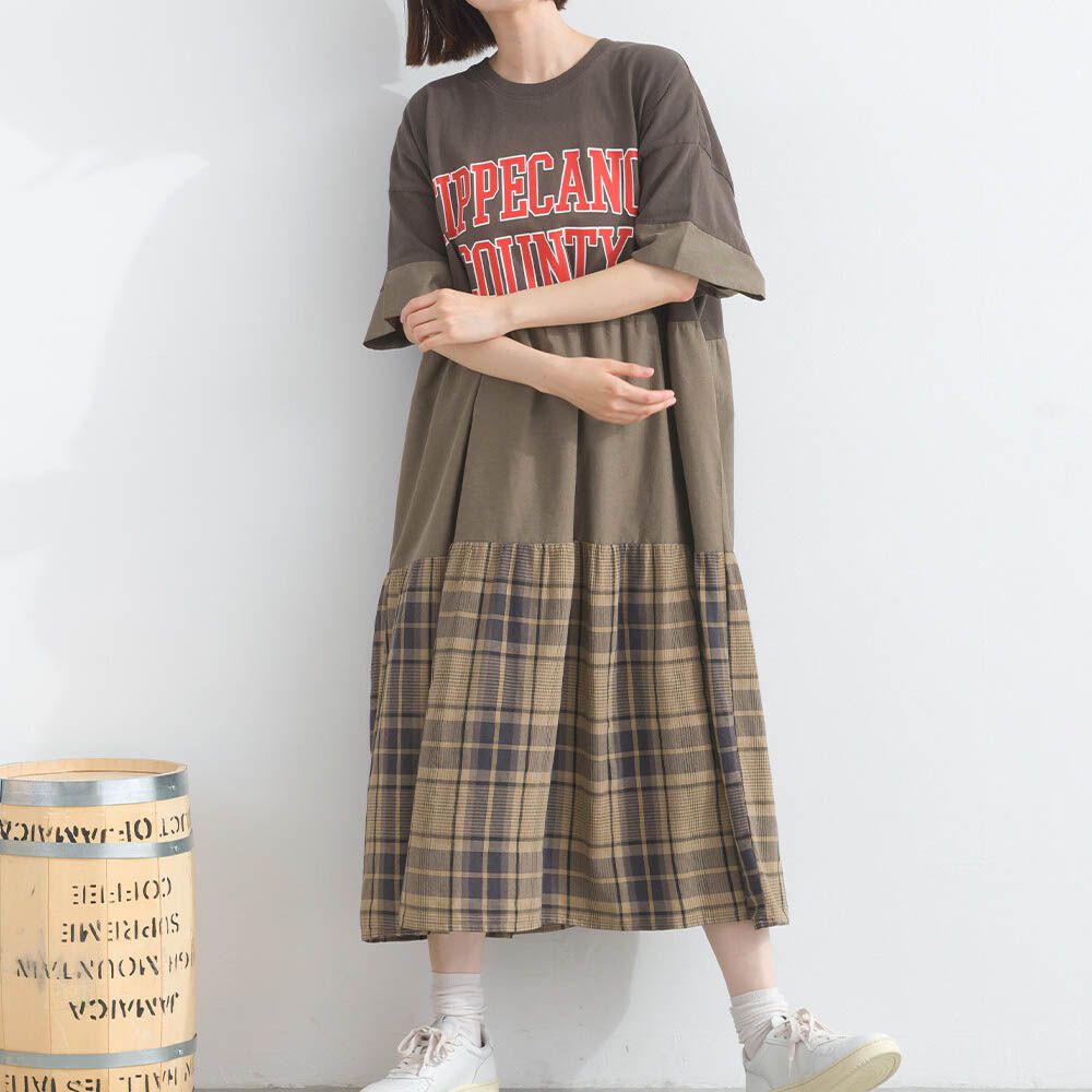 復古學院風 撞色格子拼接短袖洋裝-咖啡棕