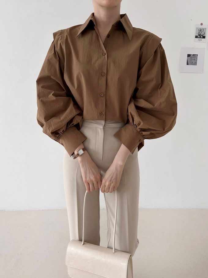 韓國女裝連線 - 知性拼接感長袖襯衫-咖啡 (FREE)