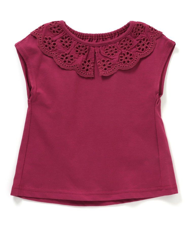 日本 apres les cours - 雕花蕾絲領短袖上衣-深藍