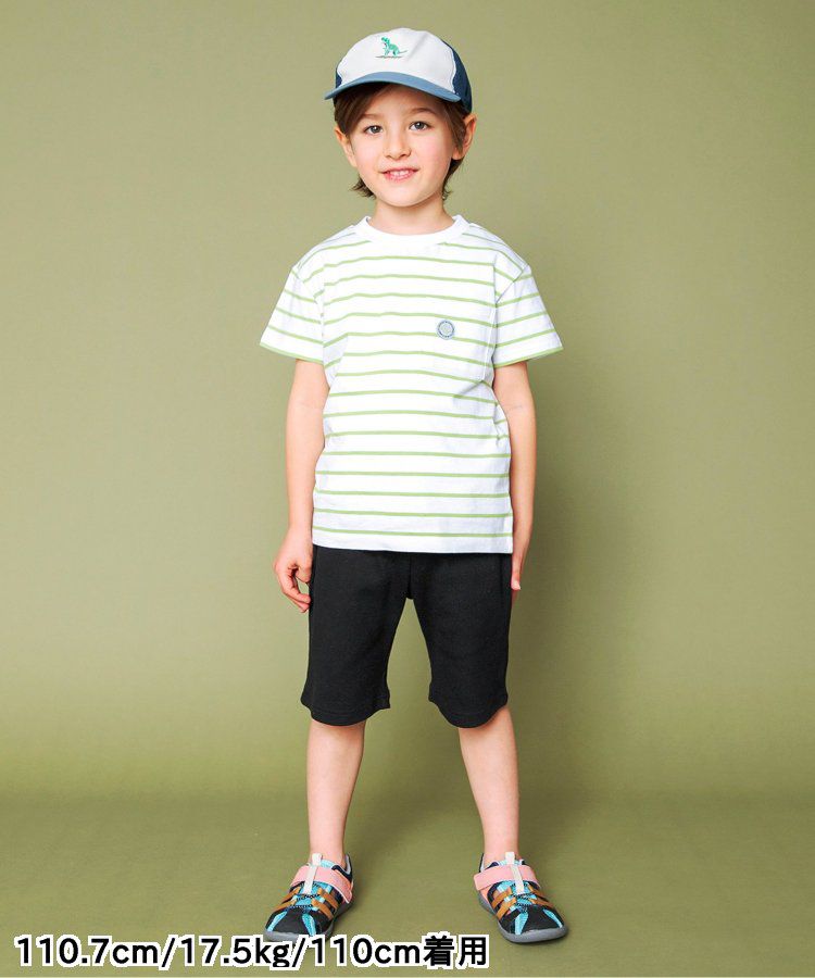 日本 BREEZE - 百搭舒適圓領短袖上衣-條紋-萊姆綠