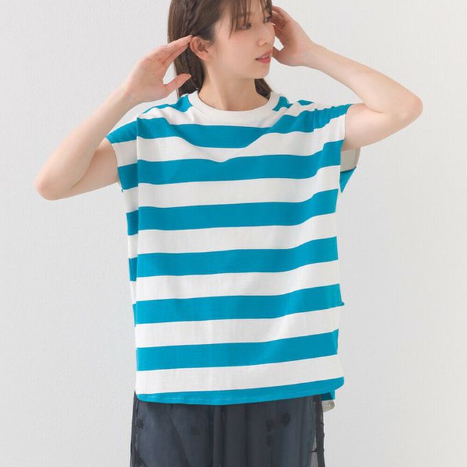 日本 OMNES - 接觸冷感 純棉不易皺法式袖上衣-粗條紋-黑x白