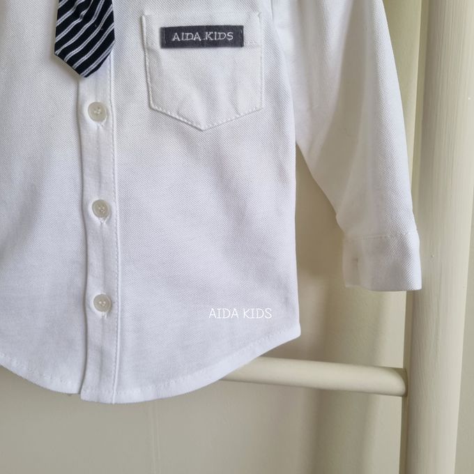 韓國 AIDA - 海軍小領帶裝飾長袖襯衫-白