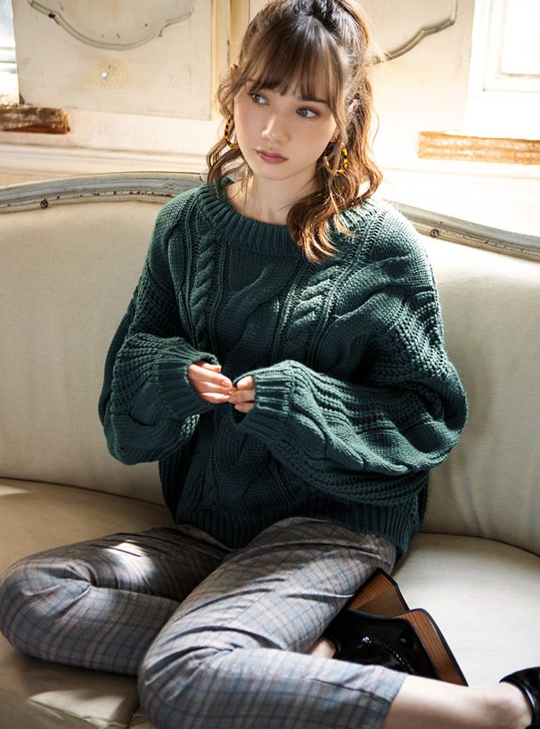 日本 GRL - 不規則編織紋圓領針織毛衣-米