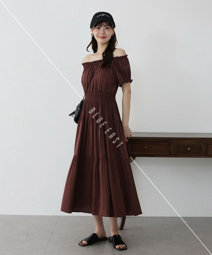 日本 BLUE EAST - 一字領2way露肩迷人短袖洋裝-素面-黑