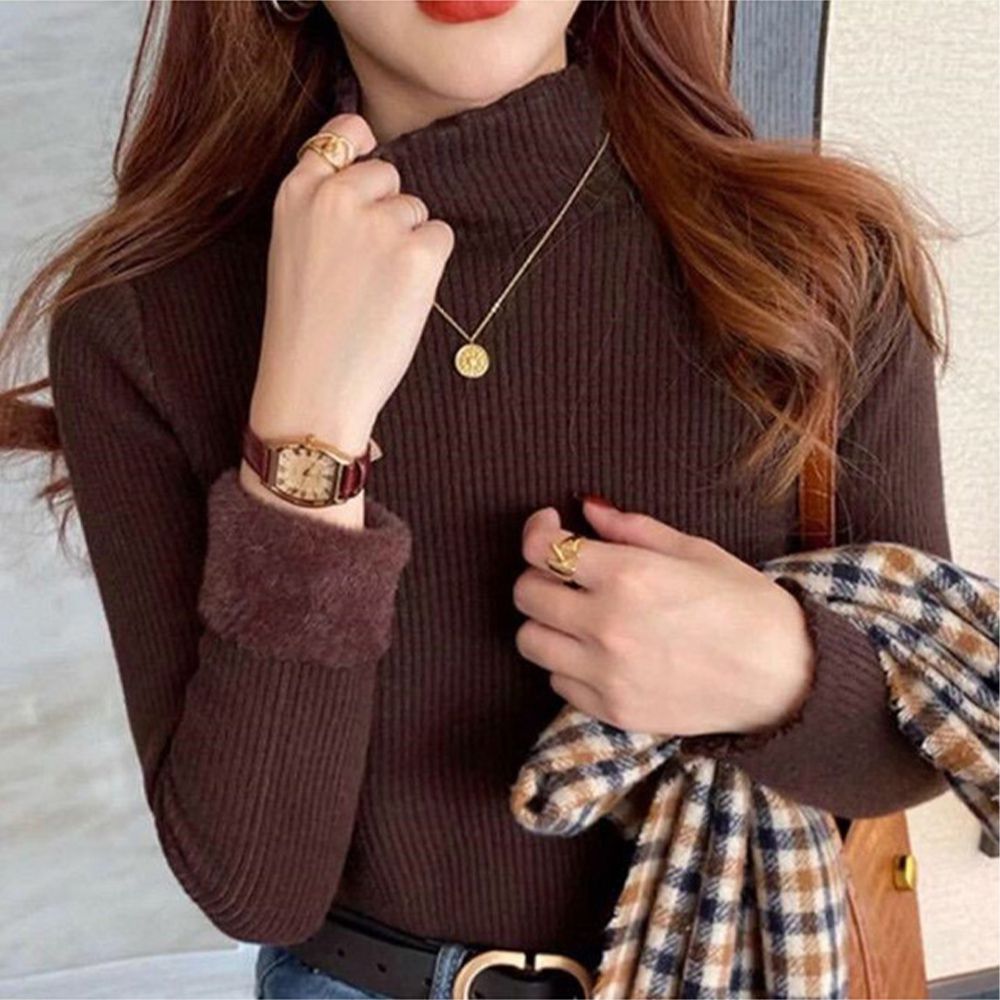 溫暖內毛絨百搭高領針織上衣-深咖啡