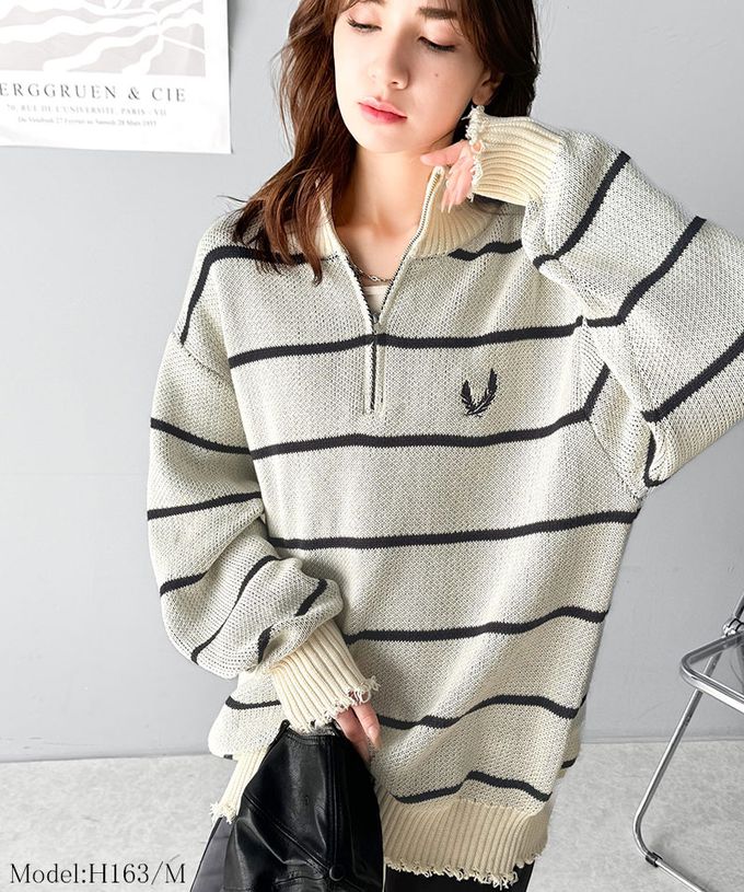 日本 Classical Elf - 半拉鍊寬版不修邊條紋針織上衣-灰