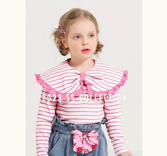 韓國 WALTON kids - 蝴蝶領條紋長袖上衣-黑