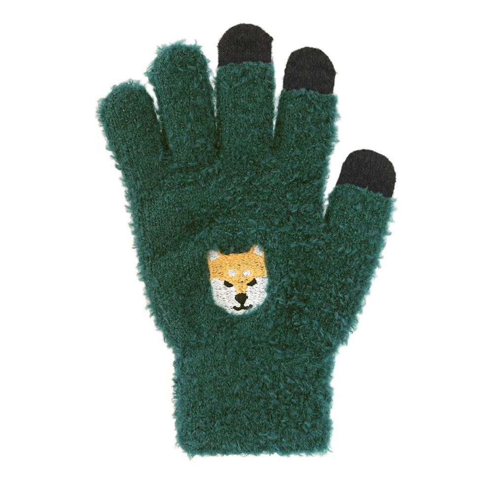 日本 TOMO - 大人可觸控短絨保暖手套-柴犬-深綠