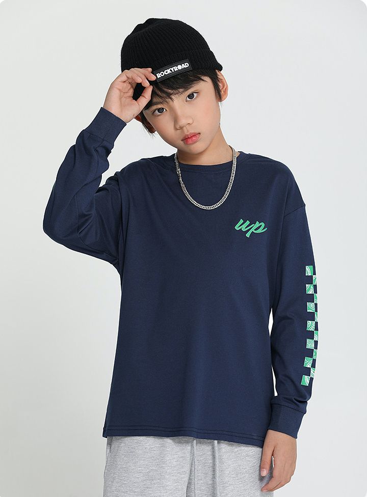 純棉長袖上衣-英文字母格紋款-深藍色