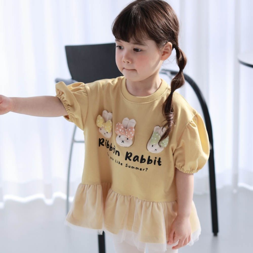 蝴蝶結小兔網紗裝飾泡泡袖短洋裝-芥末黃