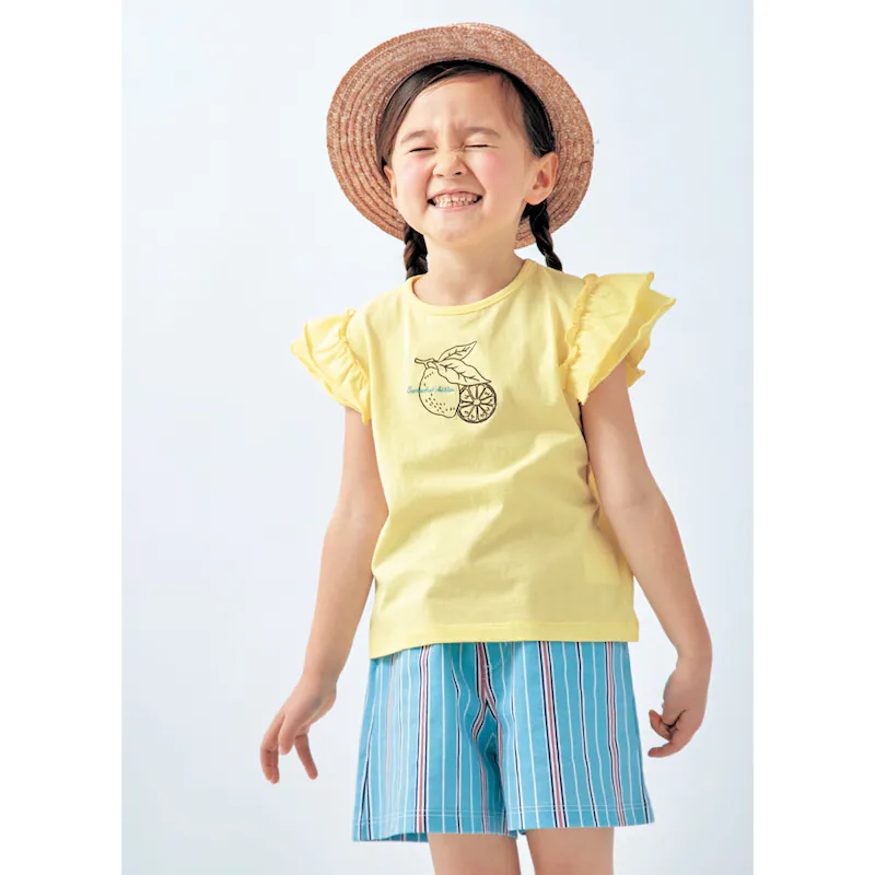 日本千趣會 - GITA 天竺棉荷葉飛飛袖刺繡短T-檸檬-黃
