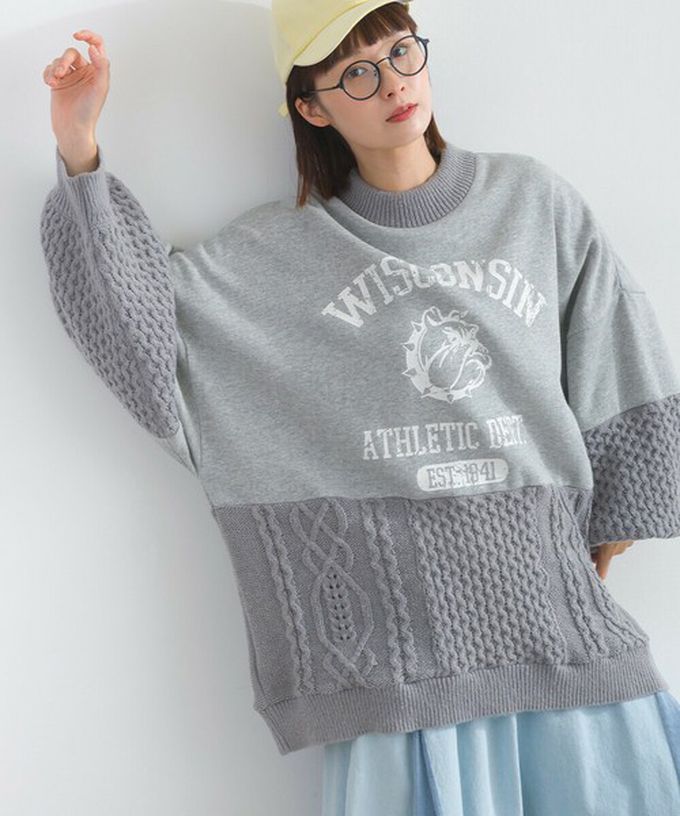 日本 Lupilien - 鬥牛犬印花粗針織拼接裏毛長袖上衣-淺灰