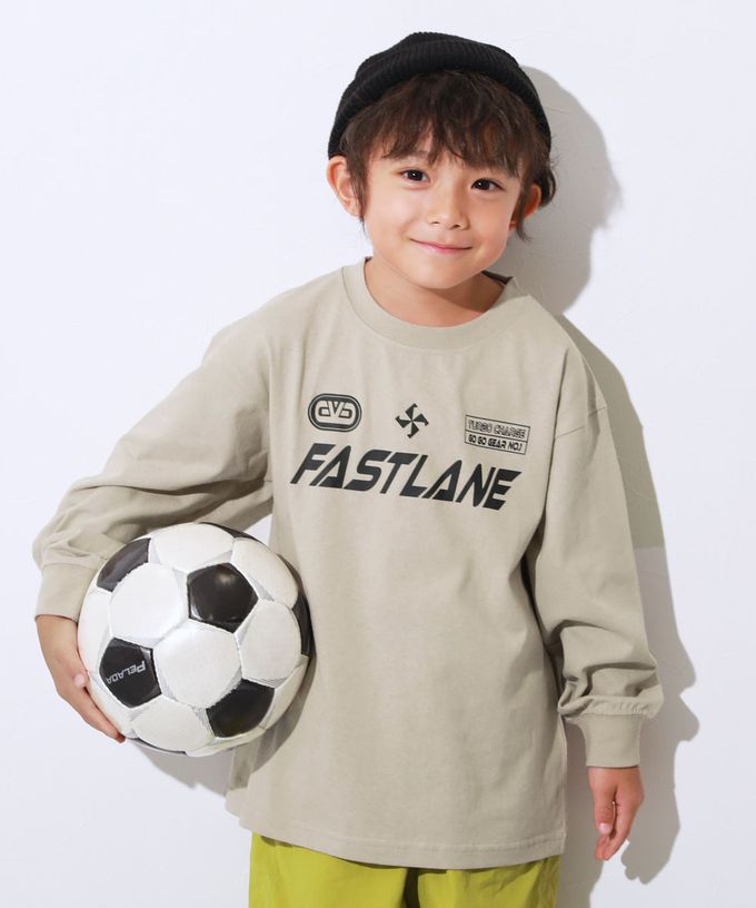 日本 devirock - 100%棉 落肩印花長袖T恤-斜體標語-淺灰