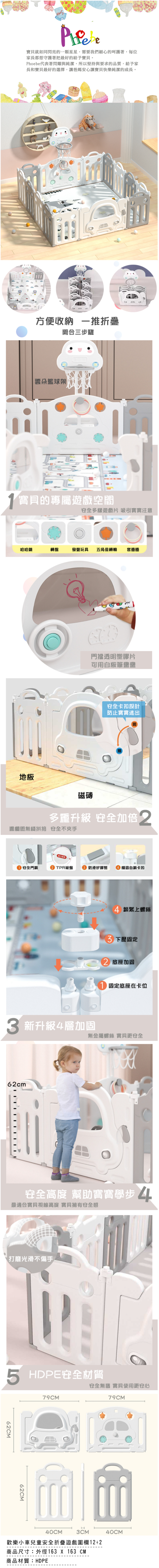 Phoebe - 歡樂小車兒童安全折疊遊戲圍欄-12+2片組